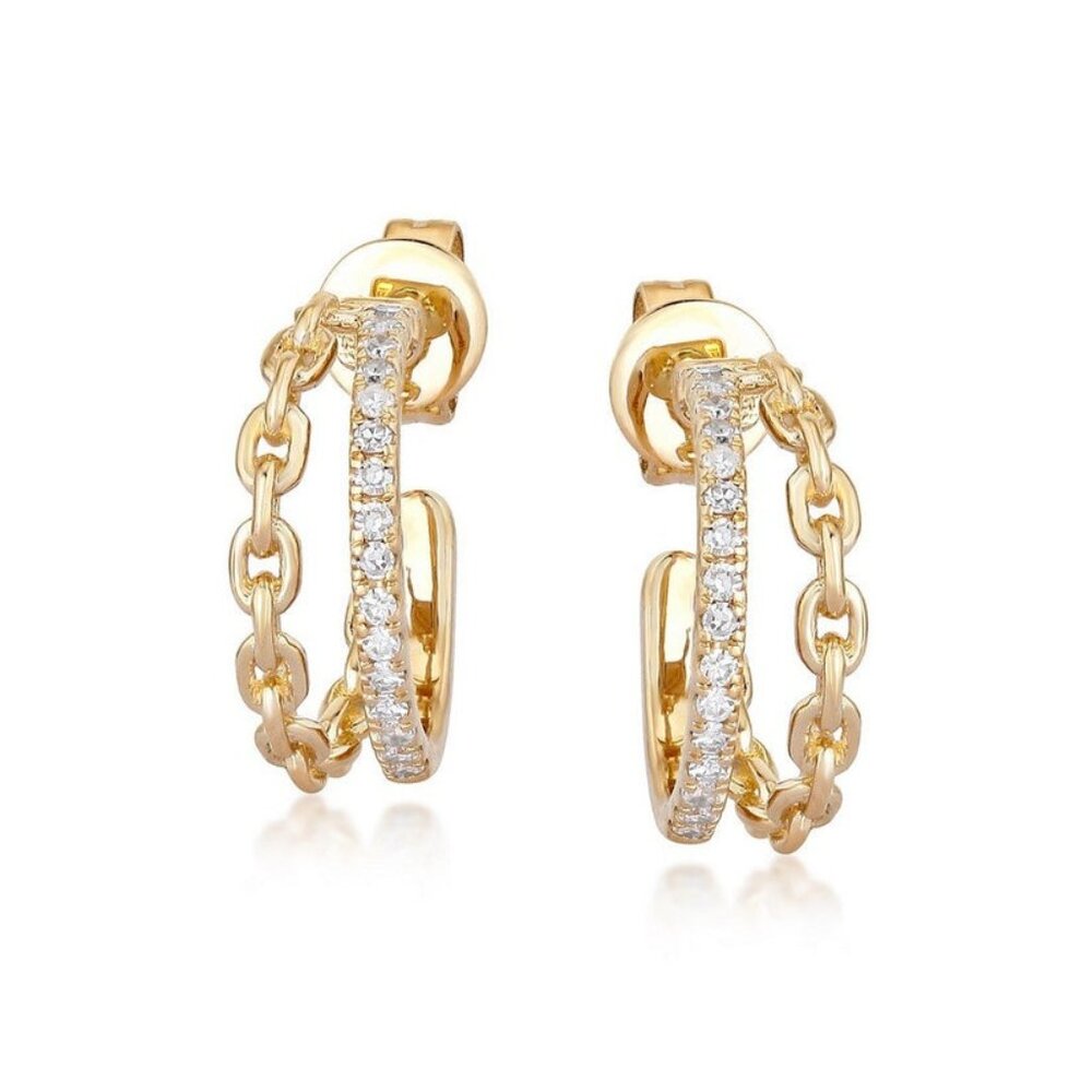 Chain Link 14K (or 18k upon request) Yellow Gold Diamond Double Hoop Earrings